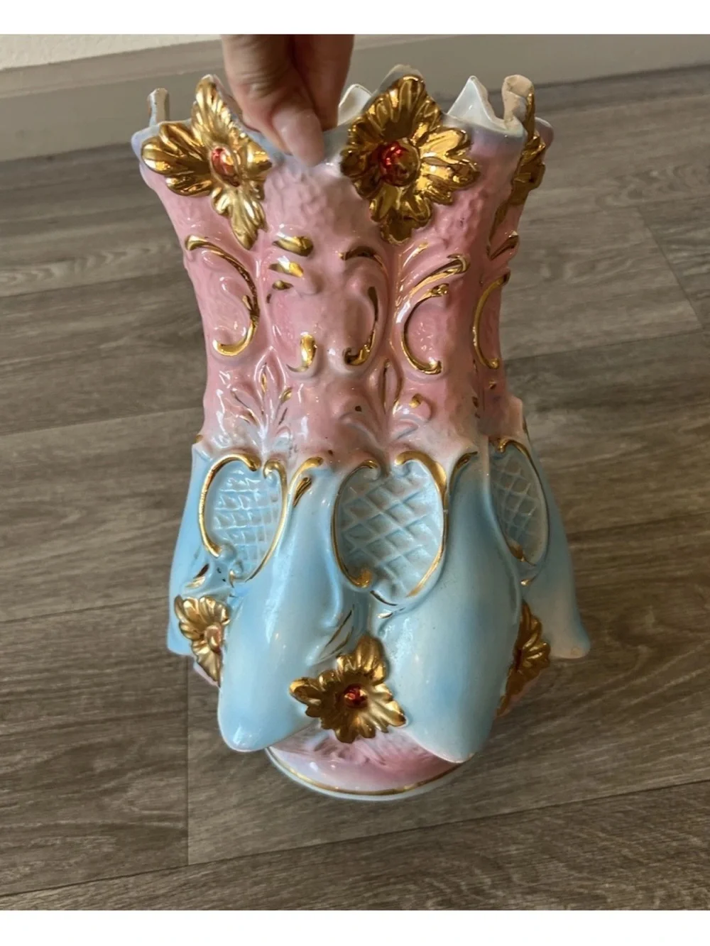 Vintage Italian Hand Painted Ceramic Vase Pink Blue Gold Gilt 12.5”